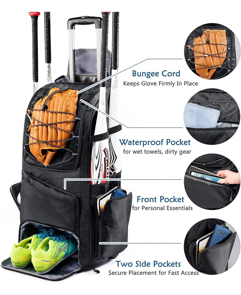 Furlihong 60L Rolling Baseball Bag - Youth Equipment Holds 4 Bats, Shoe Compart & Fence Hook, for Boys Girls 8+