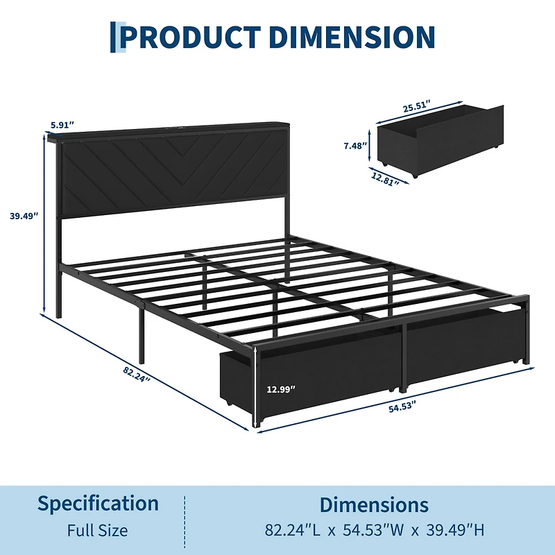 homfan Upholstered Metal Platform Bed Frame with Charging Station Headboard & 2 Rolling Under Storage Drawers