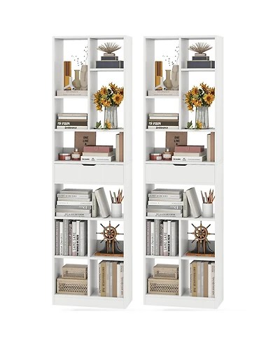 Gymax 2Pieces 71'' Tall Bookcase with Drawer Modern Bookshelf with 10 Open Cubes Display Rack