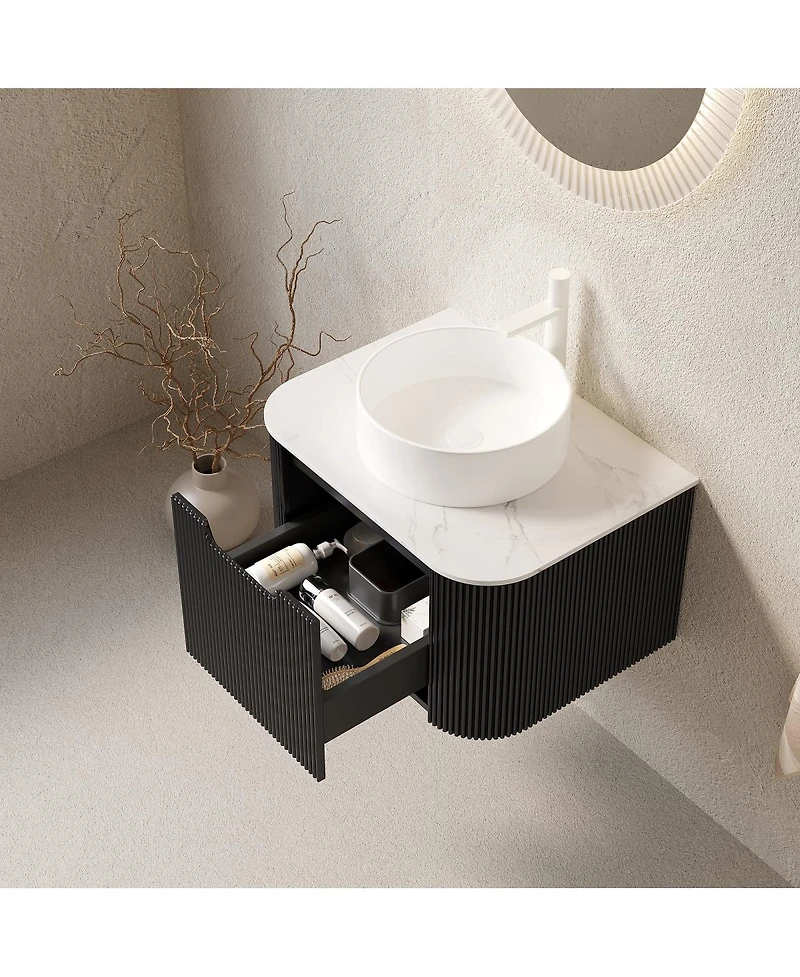 Sillysis Wall Mounted Bathroom Vanity with Sintered Stone Top, Round Ceramic Sink, Black Striped Drawer