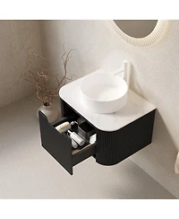 Sillysis Wall Mounted Bathroom Vanity with Sintered Stone Top, Round Ceramic Sink, Black Striped Drawer