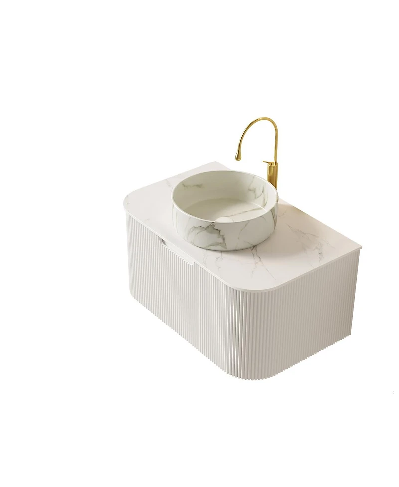 Sillysis Wall Mounted Bathroom Vanity with White Sintered Stone Top, Round Ceramic Bowl Sink