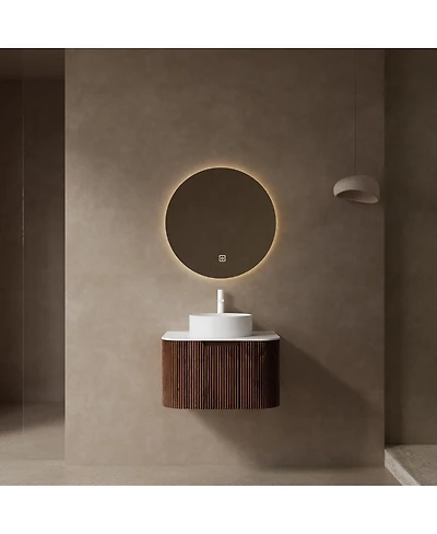 Sillysis Wall Mounted Bathroom Vanity with Artificial Marble Top, Round Ceramic Sink, Walnut Striped Drawer