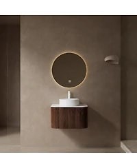 Sillysis Wall Mounted Bathroom Vanity with Artificial Marble Top, Round Ceramic Sink, Walnut Striped Drawer