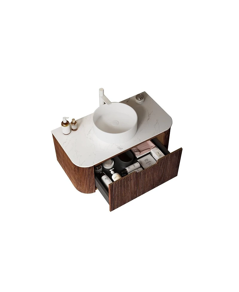 Sillysis Wall Mounted Bathroom Vanity with Artificial Marble Top, Round Ceramic Sink, Walnut Striped Drawer