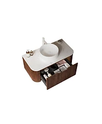 Sillysis Wall Mounted Bathroom Vanity with Artificial Marble Top, Round Ceramic Sink, Walnut Striped Drawer
