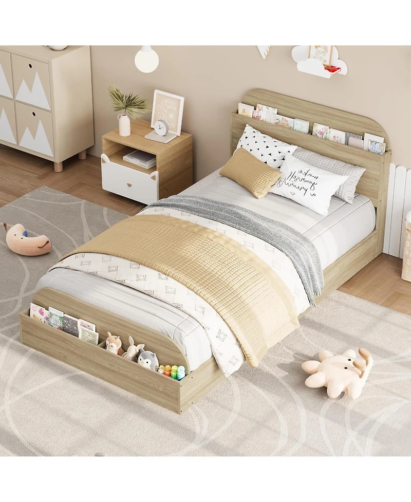 gaomon Bed Frame, Wooden Beds with Storage Headboard and Raised-Foodboard, Floor Low Platform for Bedroom