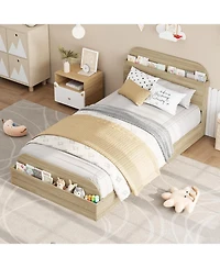 gaomon Bed Frame, Wooden Beds with Storage Headboard and Raised-Foodboard, Floor Low Platform for Bedroom