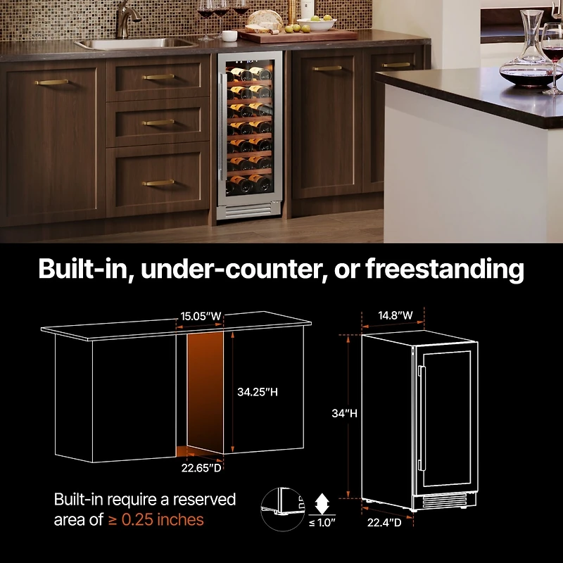CaLefort 15 Inch Wine Cooler Refrigerator, 33 Bottle Capacity, Built In or Freestanding, Glass Door, 3.0 Cubic Feet