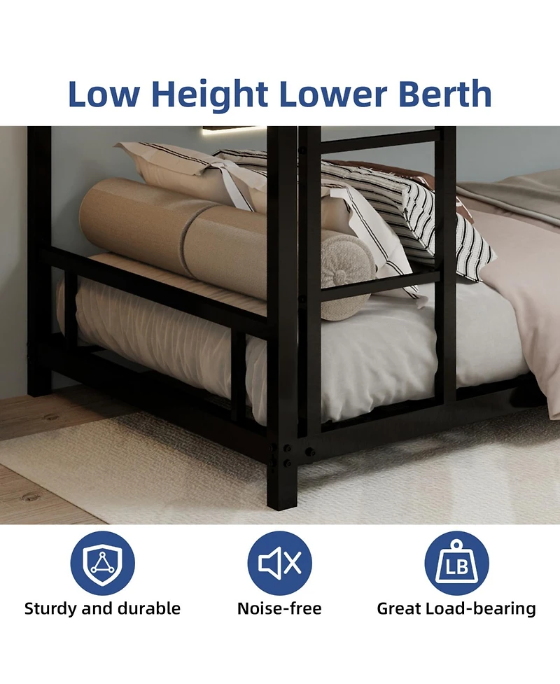 Rainsken Metal Bunk Bed Low Profile Bunkbed, with Ladder and Full-Length Guardrail, Noise Free, No Spring Box Required