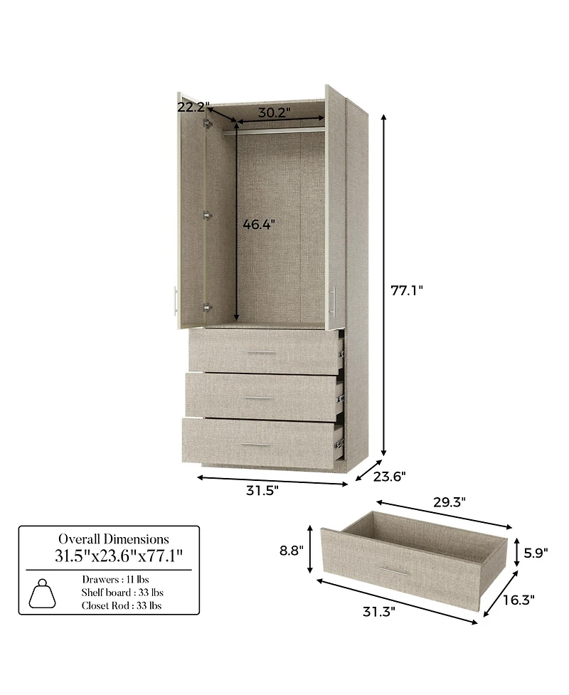 Homsee Linen Finish 2-Door 3-Drawer Wardrobe - 31.5"x23.6"x77.2" Modern Closet with Aluminum Frame | Bedroom Storage Organizer