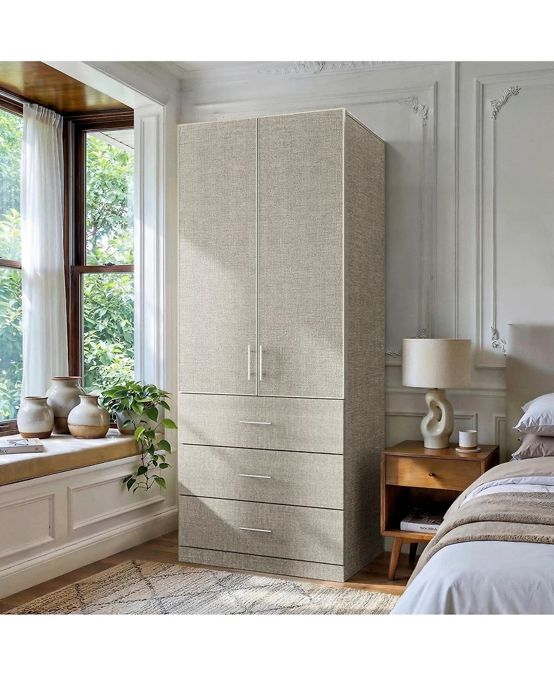 Homsee Linen Finish 2-Door 3-Drawer Wardrobe - 31.5"x23.6"x77.2" Modern Closet with Aluminum Frame | Bedroom Storage Organizer