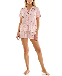Sincerely Jules Women's Notch Collar Top and Pajama Shorts, 2-Piece Set