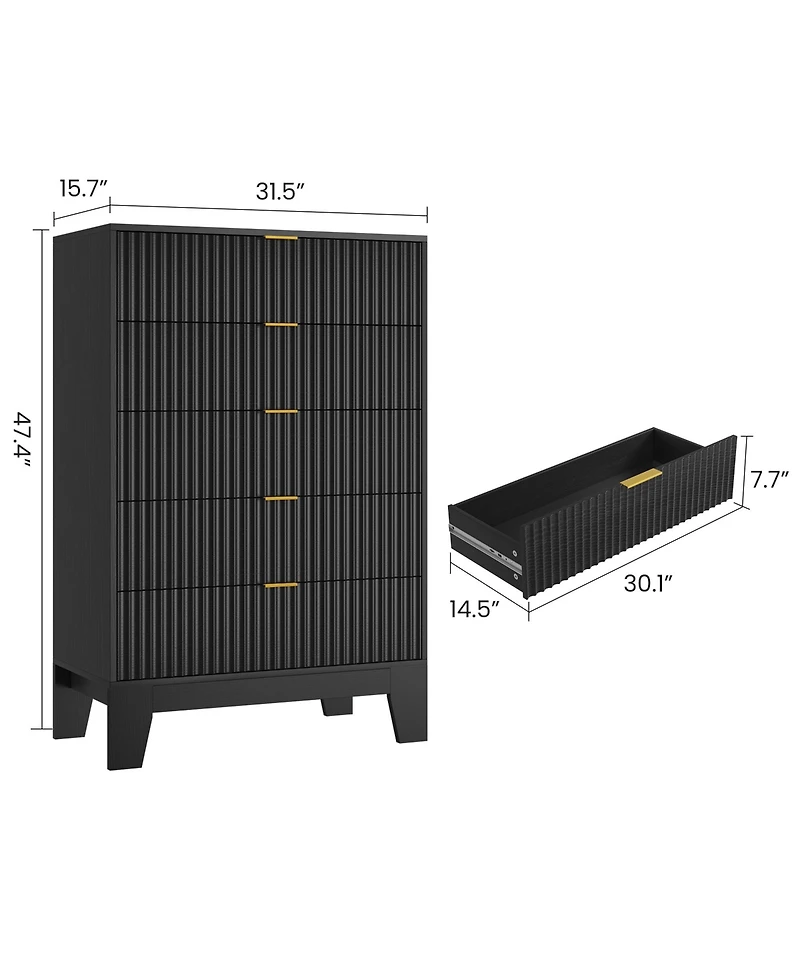gaomon 5 Drawer Fluted Dresser – 47" Tall Wooden Chest of Drawers with Metal Handle, Clothes Storage for Bedroom, Hallway