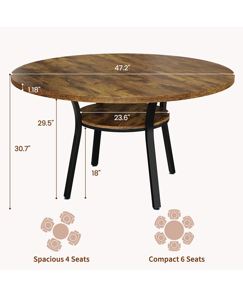 homfan Space-Saving Round Dining Table for 4-6 - Modern Farmhouse Kitchen and Room with Storage Shelf
