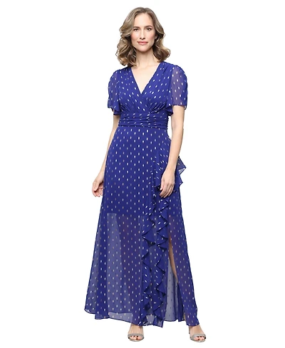 Sl Fashions Women's Foil-Print V-Neck Ruffle-Trim A-Line Dress