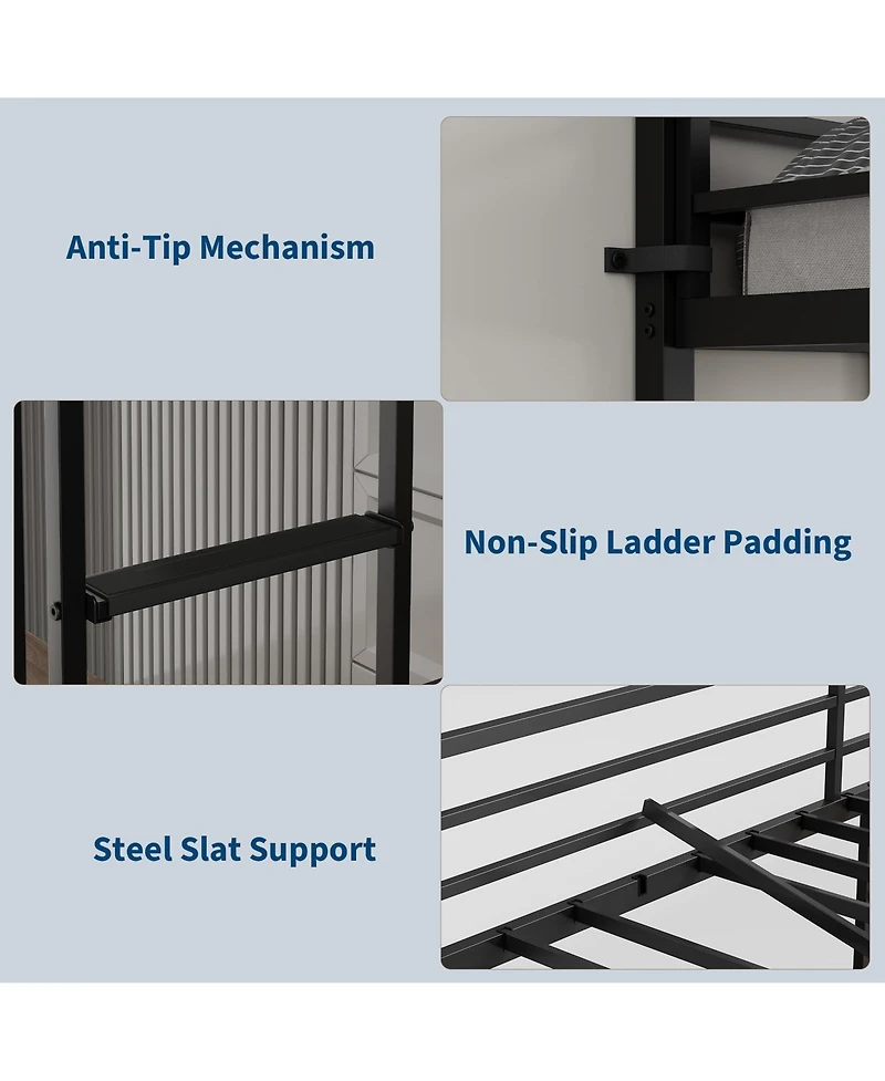 homfan Metal Twin Loft Bed with Desk and Storage Shelves, Space-Saving Frame Guardrails, Ladder Steel Slats