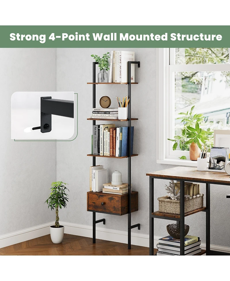 Gymax 2 Pcs 5-Tier Bookshelf w/ Drawer 70'' Wall Mount Ladder Bookcase w/ Metal Frame