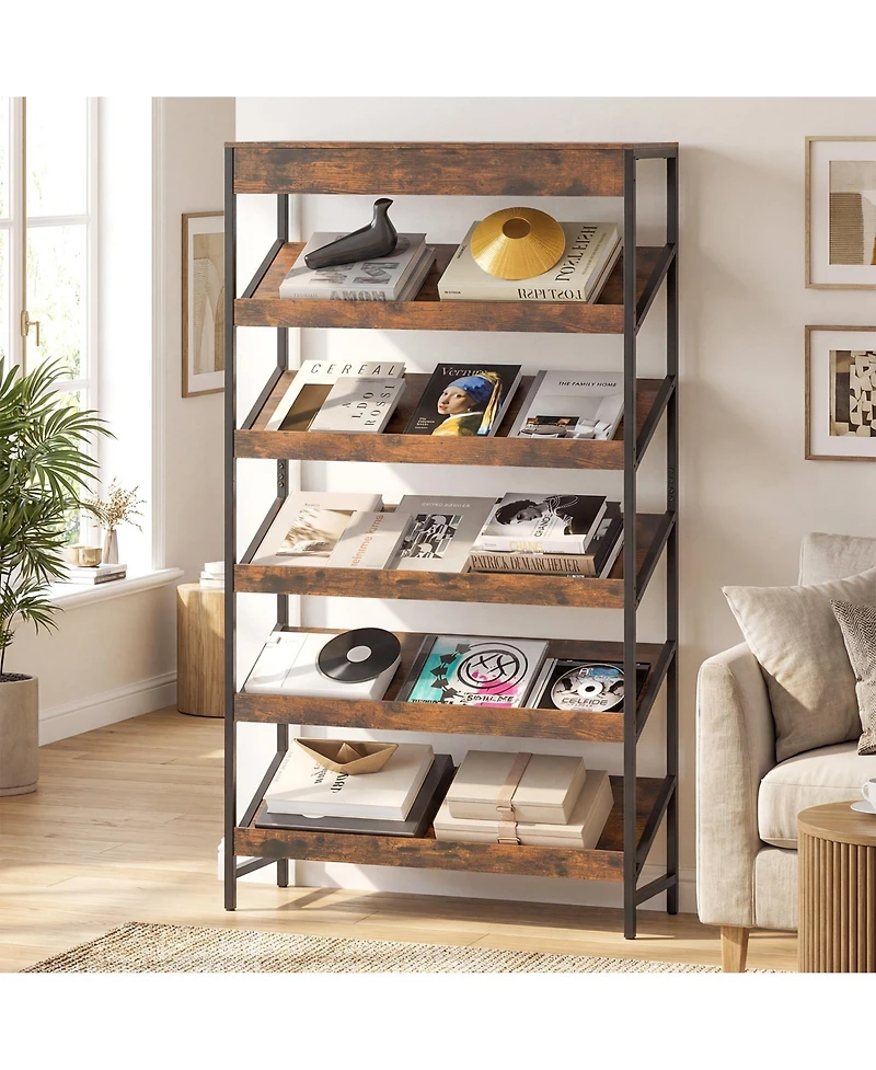 Gymax 6-Tier Bookshelf Industrial Tall Bookcase with Angled Shelves and Metal Frame