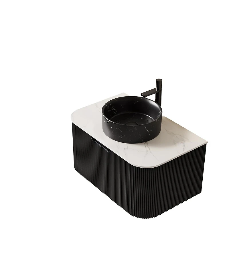 Sillysis Wall Mounted Bathroom Vanity with Sintered Stone Top, Ceramic Round Sink, Stripe Drawer