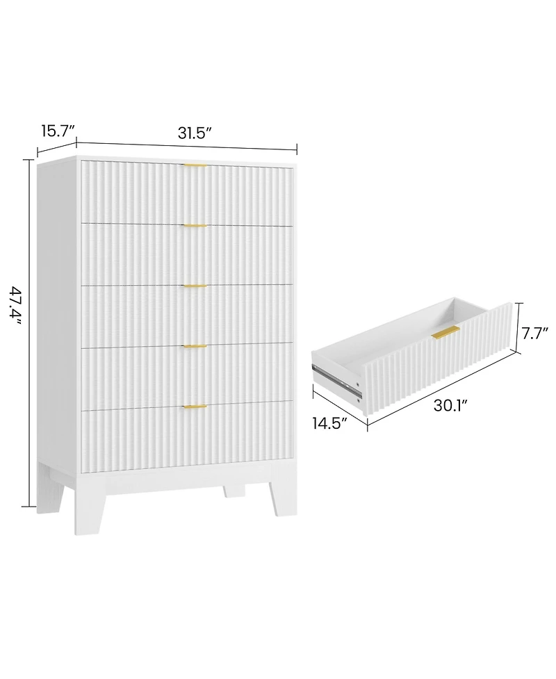 homfan 5 Drawer Dresser for Bedroom, Fluted Chest with Metal Handle, Modern Wooden Tv Stand, Clothes Storage Organizer Hallway, Entryway