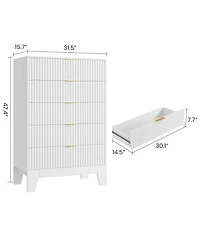 homfan 5 Drawer Dresser for Bedroom, Fluted Chest with Metal Handle, Modern Wooden Tv Stand, Clothes Storage Organizer Hallway, Entryway