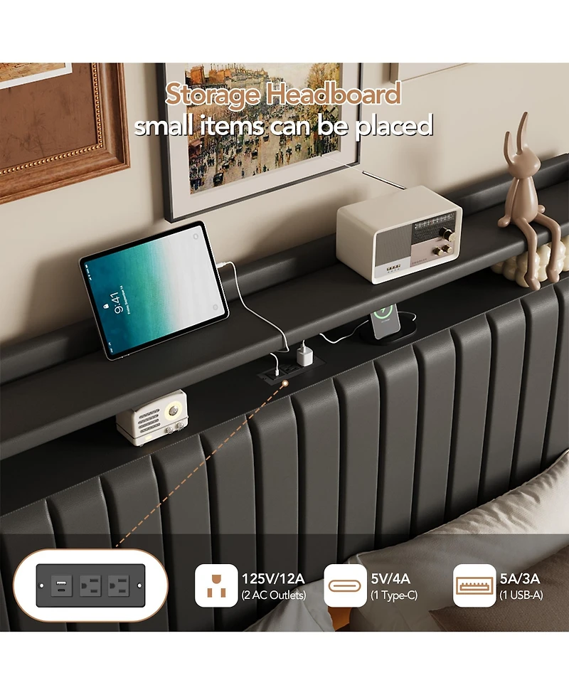 homfan Floating Platform Bed Frame with Hidden Legs, App-Controlled Rgb Led Lighting, Headboard Shelf and Charging Station, No Box Spring Needed