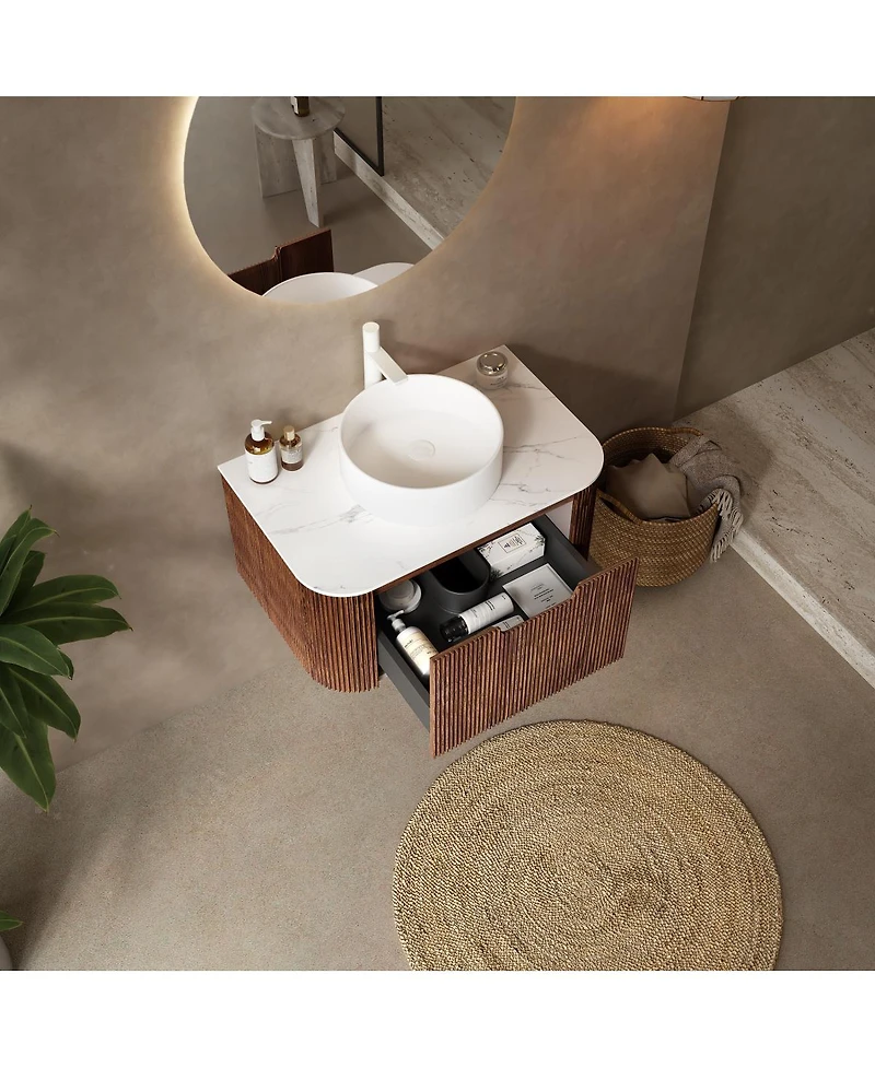 Sillysis Wall Mounted Bathroom Vanity with Sintered Stone Top, Round Ceramic Vessel Sink, Walnut Striped Drawer