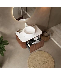 Sillysis Wall Mounted Bathroom Vanity with Sintered Stone Top, Round Ceramic Vessel Sink, Walnut Striped Drawer