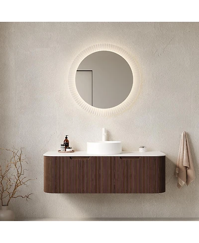 Sillysis Wall Mounted Bathroom Vanity with Sintered Stone Top, Round Ceramic Vessel Sink, Walnut Striped Drawer, Pre-assembled