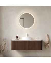 Sillysis Wall Mounted Bathroom Vanity with Sintered Stone Top, Round Ceramic Vessel Sink, Walnut Striped Drawer, Pre-assembled