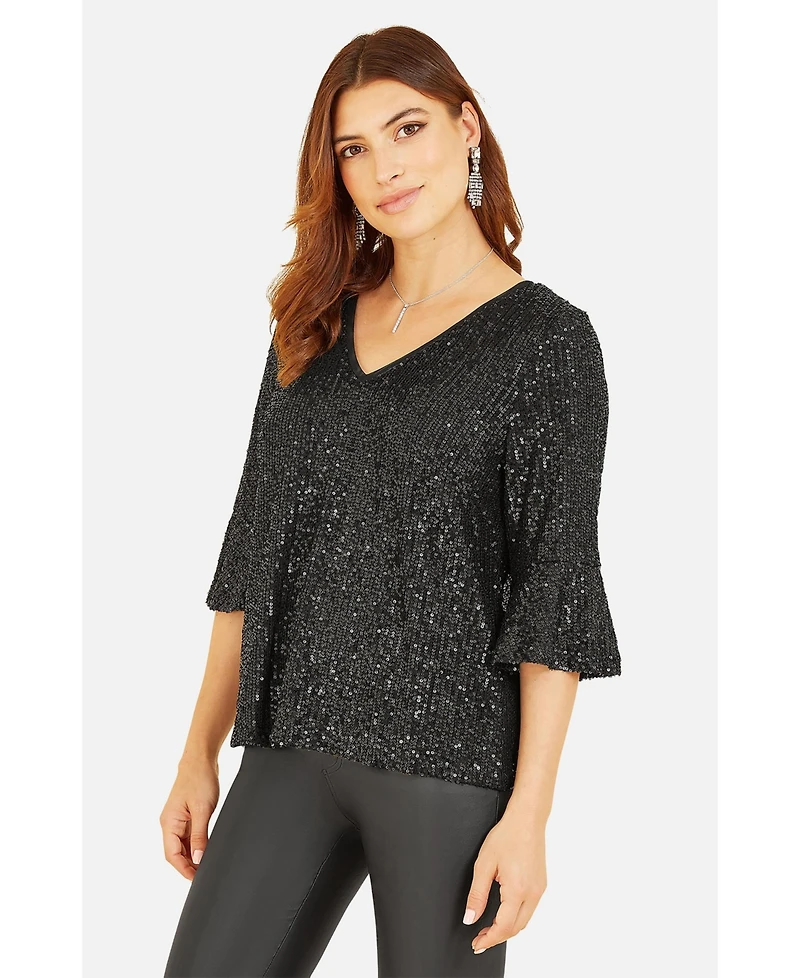 Yumi Women's Sequin V-Neck Fluted Sleeve Top