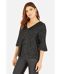 Yumi Women's Sequin V-Neck Fluted Sleeve Top