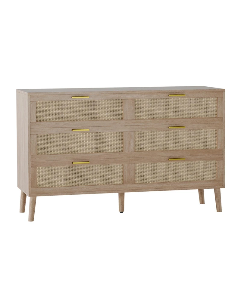 homfan 6 Drawer Dresser, 47 Inch Natural Rattan Chest of Drawer, Large Wooden Dresser with 5 Wood Legs, Farmhouse Dresser for Bedroom, Living Room