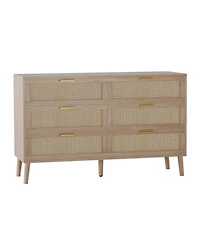 homfan 6 Drawer Dresser, 47 Inch Natural Rattan Chest of Drawer, Large Wooden Dresser with 5 Wood Legs, Farmhouse Dresser for Bedroom, Living Room