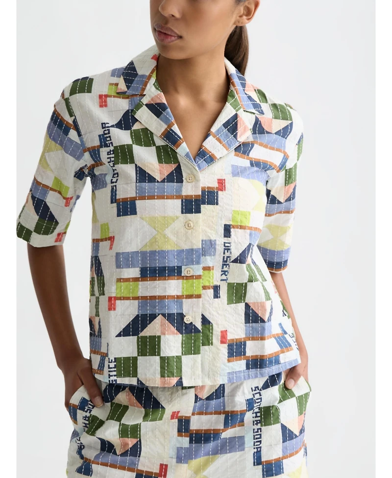 Scotch & Soda Women's Stitch-Embroidered Printed Short Sleeve Shirt
