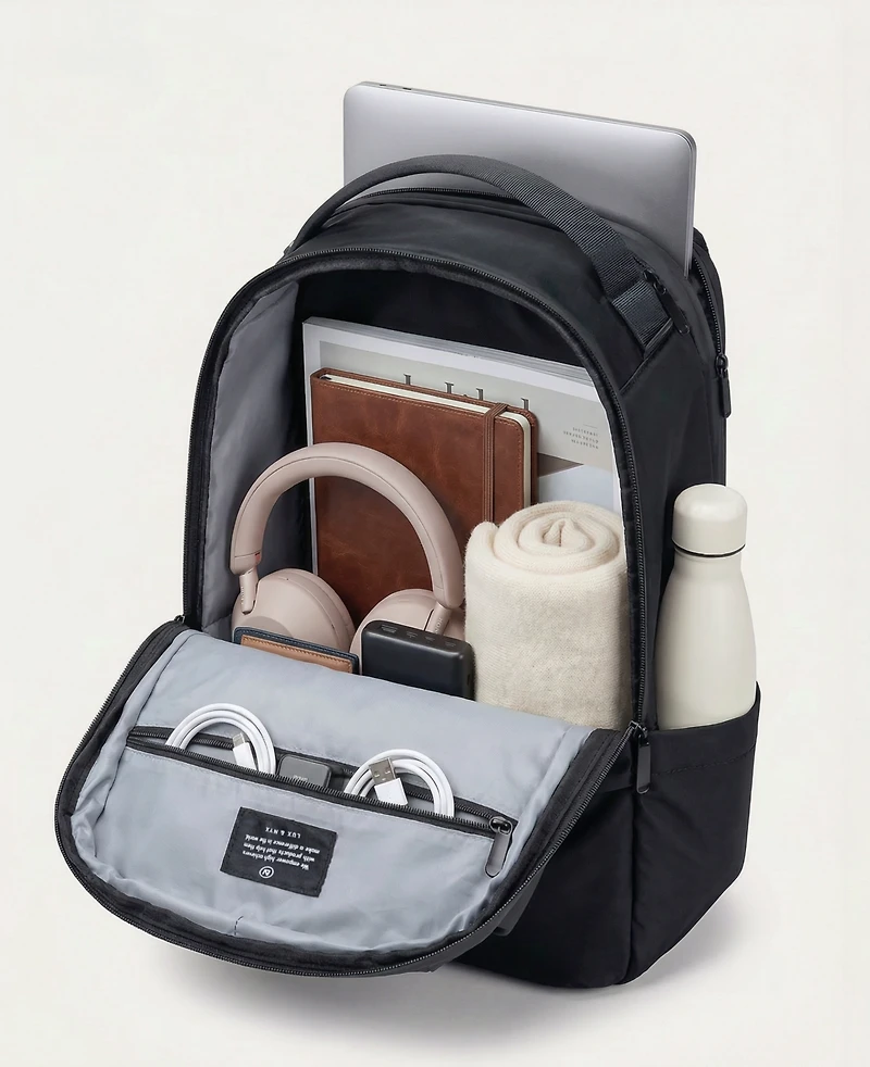 Daily Origami Backpack - 16inch Laptop Bag Black Ultra Satin Nylon Unisex Work and Travel Multi-Compartment