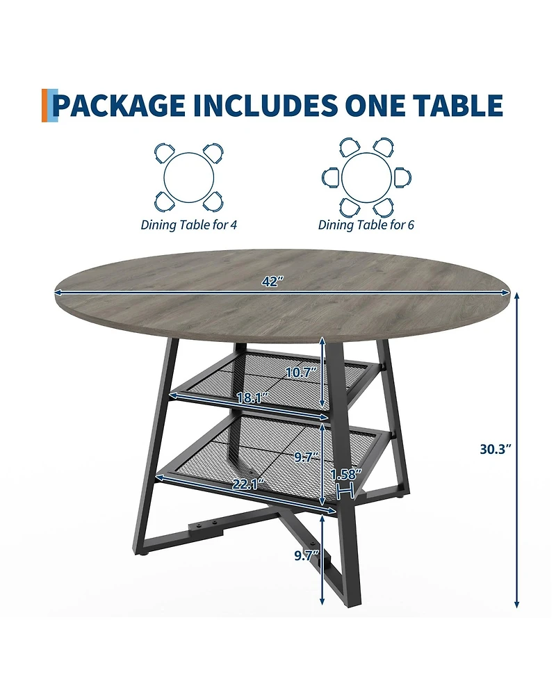 gaomon Modern Industrial Round Dining Table For 4-6 - 2-Tier Storage Shelf Sturdy Wood And Metal Construction