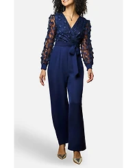 Yumi Women's Sash Waist Floral Applique Wrap Jumpsuit