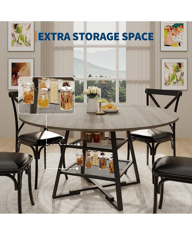 gaomon Modern Industrial Round Dining Table For 4-6 - 2-Tier Storage Shelf Sturdy Wood And Metal Construction