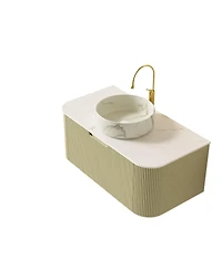 Sillysis Wall Mounted Bathroom Vanity with Sintered Stone Top, Round Ceramic Basin, Stripe Drawer Panel, Pre-assembled