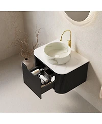 Sillysis Wall Mounted Bathroom Vanity with Carrara Sintered Stone Top, Round Ceramic Sink, Stripe Drawer