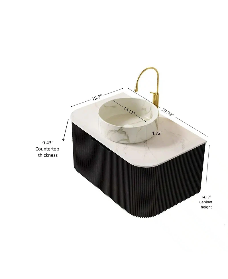 Sillysis Wall Mounted Bathroom Vanity with Carrara Sintered Stone Top, Round Ceramic Sink, Stripe Drawer