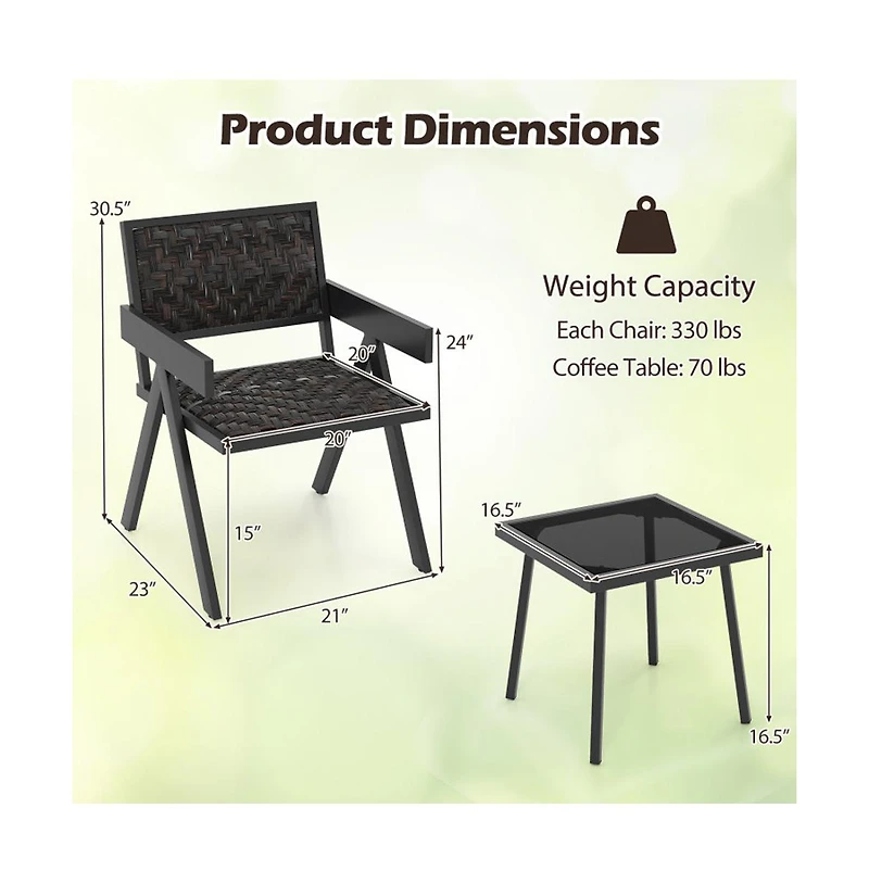 Boyel Living 3 Pieces Patio Pe Wicker Bistro Set with Quick-Drying Foam