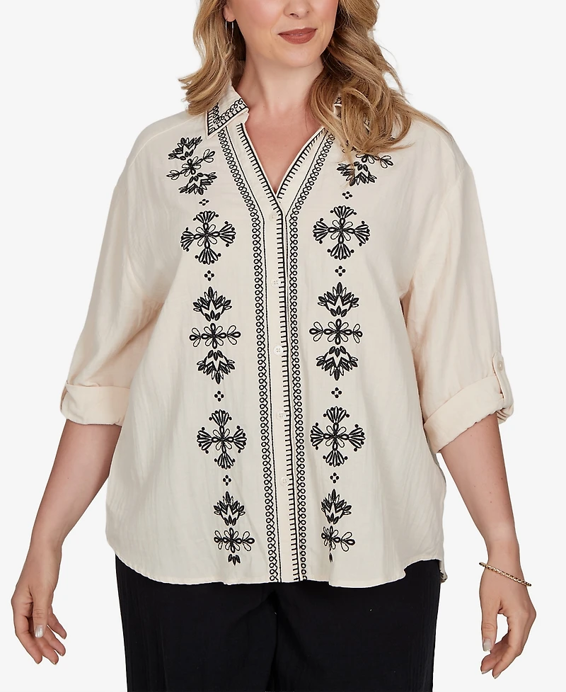 Ruby Rd. Plus Embroidered Gauze Button Front Top