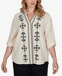 Ruby Rd. Plus Embroidered Gauze Button Front Top