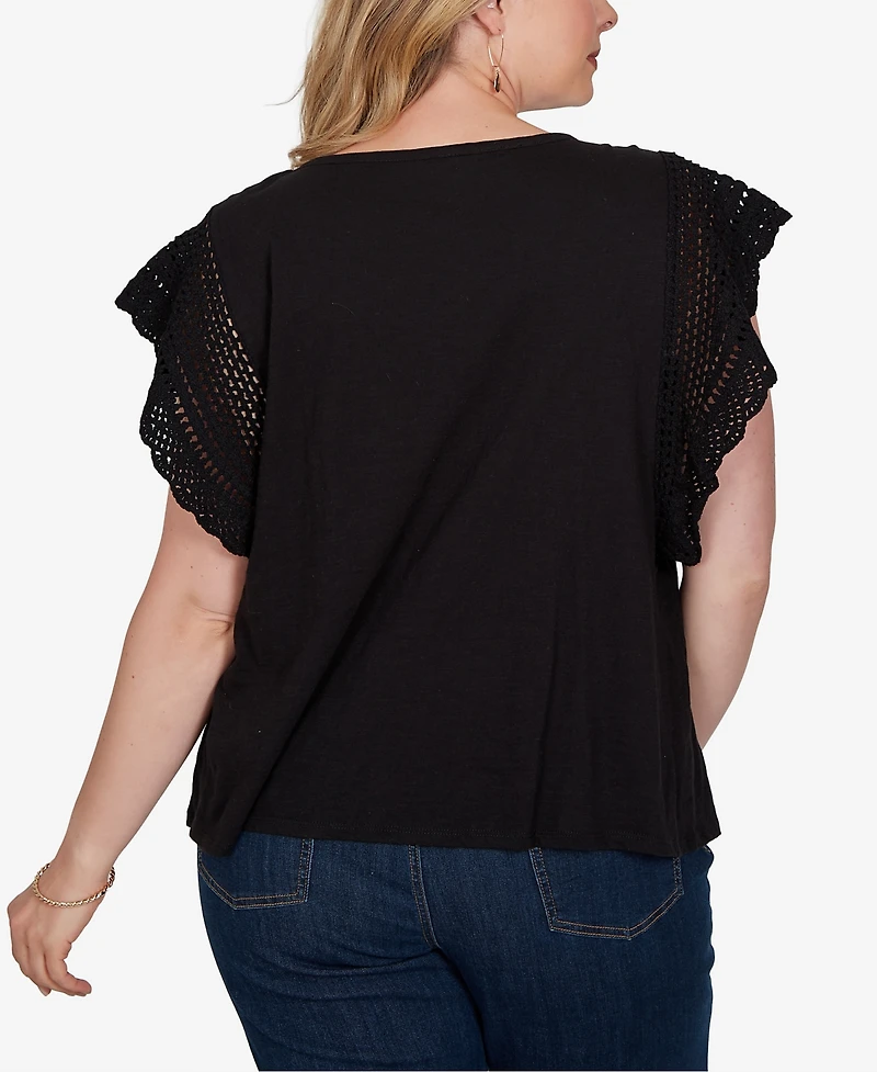 Ruby Rd. Plus Size Crochet Sleeve Solid Cotton T-Shirt