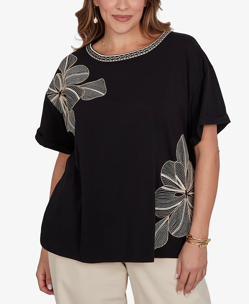 Ruby Rd. Plus Floral Noir Embroidered Knit T-Shirt