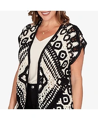 Ruby Rd. Plus Size Medallion Crochet Fringe Sleeveless Cardigan