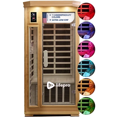 Lifepro Rejuvacure Low-emf 1-Person Infrared Sauna – Indoor Wooden Sauna with Tempered Glass Door, Carbon Fiber Heaters, Chromotherapy & Blueto
